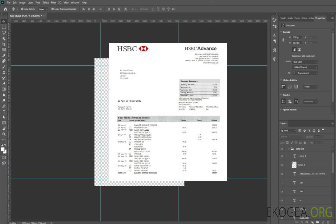 Modèle de justificatif de domicile de la banque HSBC du Royaume-Uni au format PSD, entièrement modifiable template Modèle de justificatif de domicile de la banque HSBC du Royaume-Uni au format PSD, entièrement modifiable template